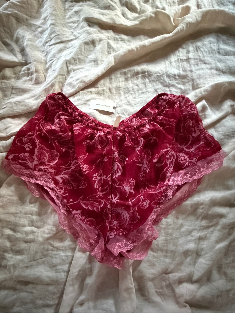 Anthropologie Floral Lace-Trim Burgundy Sleep Shorts